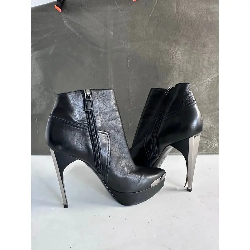 Lanvin Black Leather Platform Ankle Boots Silver Metal Heel